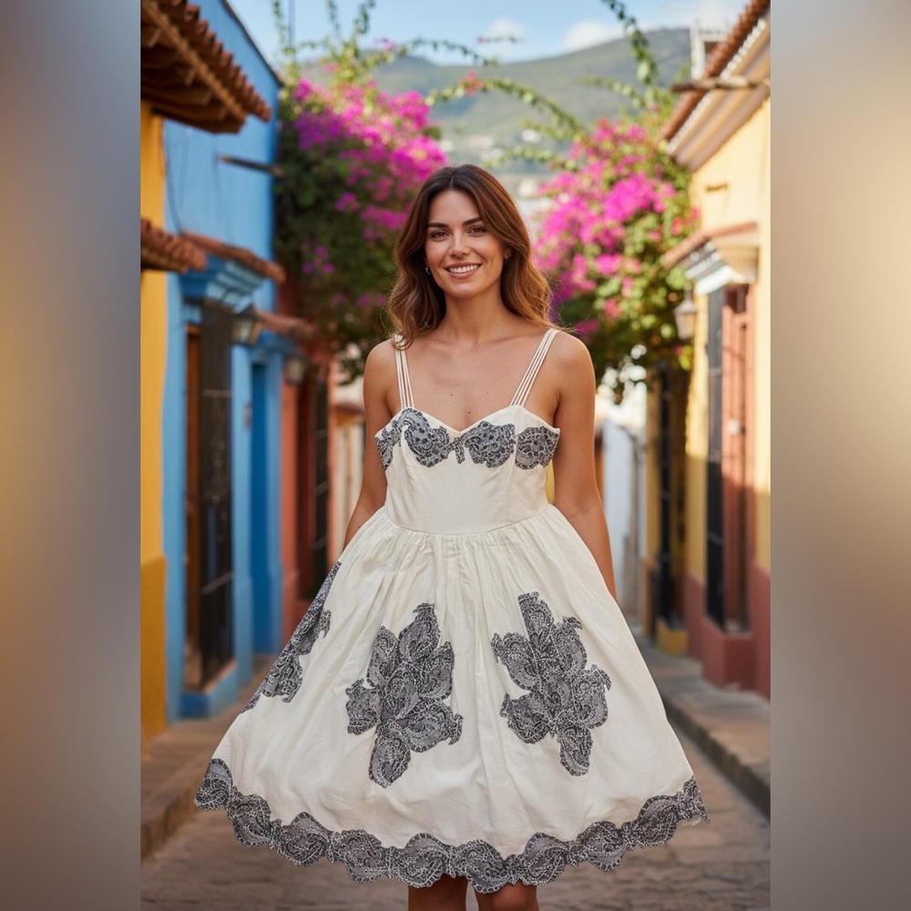 Monsoon Cream Embroidered Dress with Black Lace